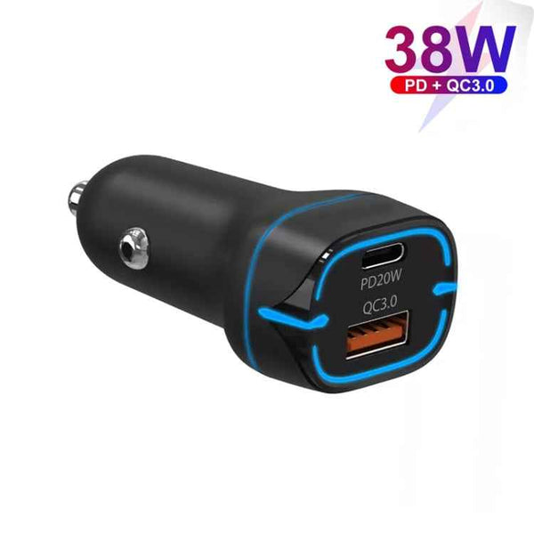 38W PD20W  QC3.0 USB Car Charger with Type-C to Type-C Data Cable, Length: 1m(Black)