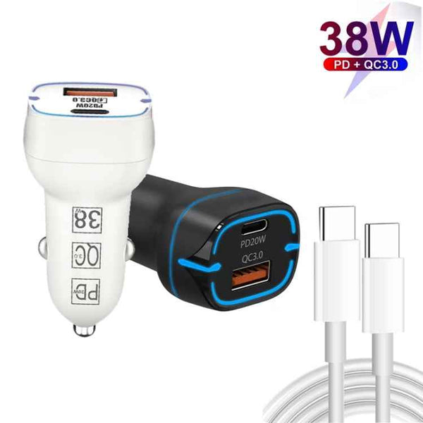 38W PD20W  QC3.0 USB Car Charger with Type-C to Type-C Data Cable, Length: 1m(Black)