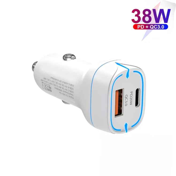 38W PD20W  QC3.0 USB Car Charger with USB to Type-C Data Cable, Length: 1m(White)