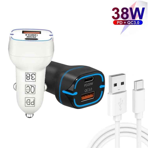 38W PD20W  QC3.0 USB Car Charger with USB to Type-C Data Cable, Length: 1m(White)