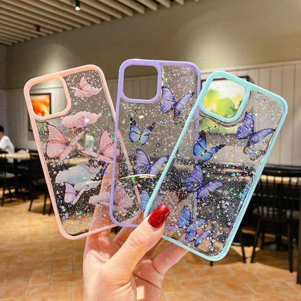 For iPhone 14 Plus Color Butterfly Glitter Epoxy TPU Phone Case(Pink)