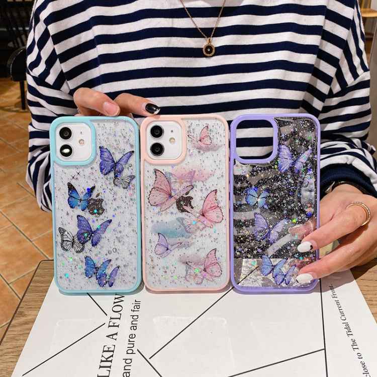 For iPhone 14 Plus Color Butterfly Glitter Epoxy TPU Phone Case(Pink)