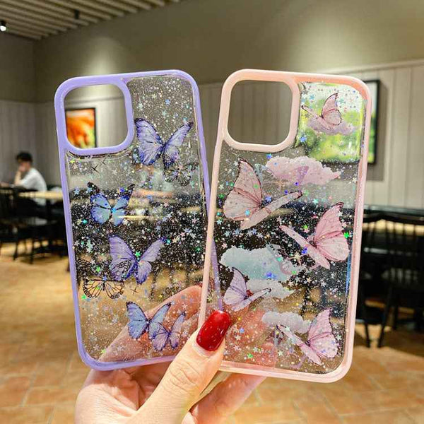 For iPhone 14 Plus Color Butterfly Glitter Epoxy TPU Phone Case(Pink)