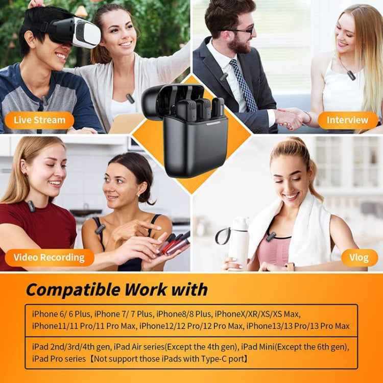 One by Two Wireless Lavalier Microphones with Charging Case, Port: 8 Pin