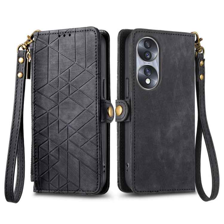 For Honor 70 Geometric Zipper Wallet Side Buckle Leather Phone Case(Black)