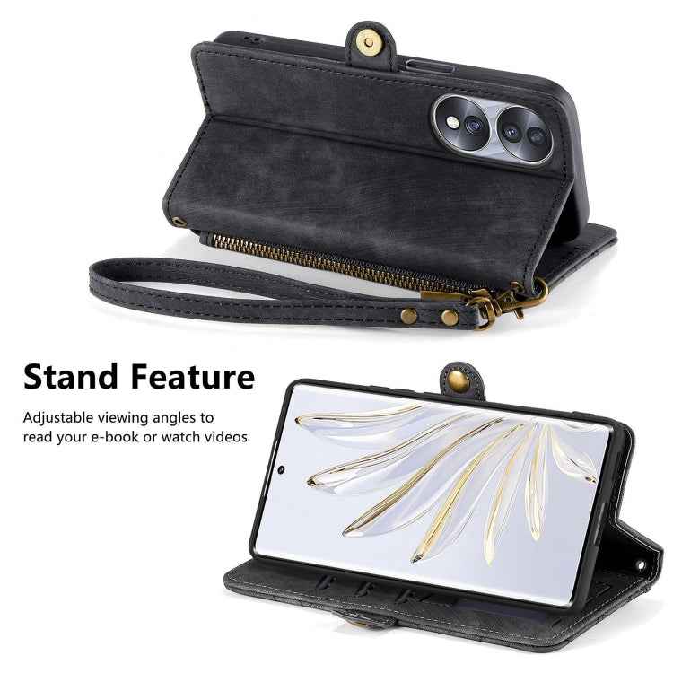 For Honor 70 Geometric Zipper Wallet Side Buckle Leather Phone Case(Black)