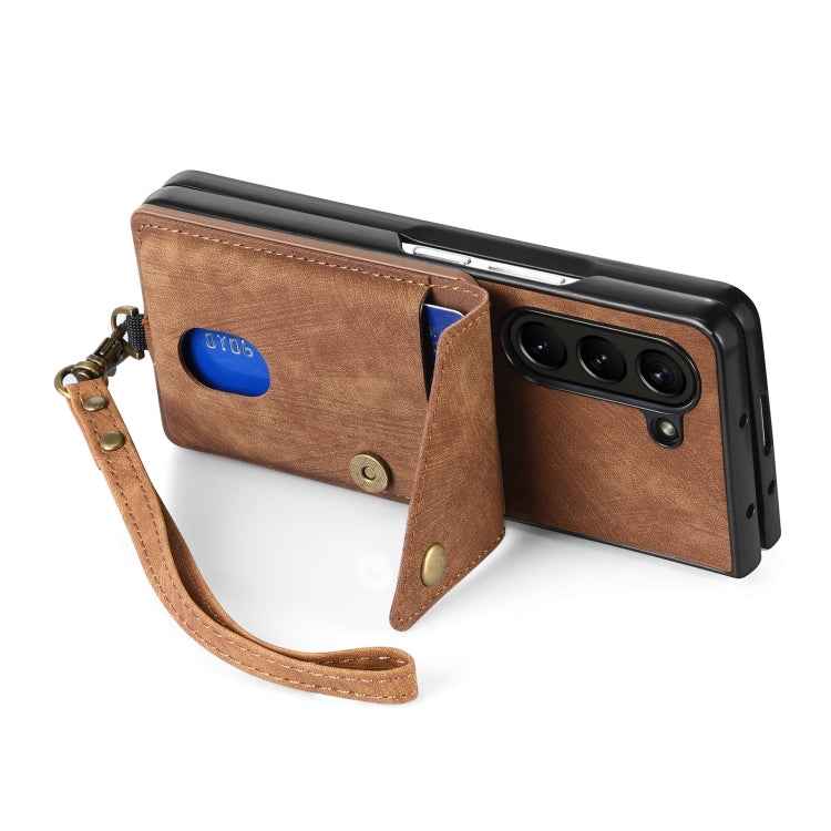 For Samsung Galaxy Z Fold5 5G Retro Card Wallet Fold Leather Phone Case with Strap(Brown)