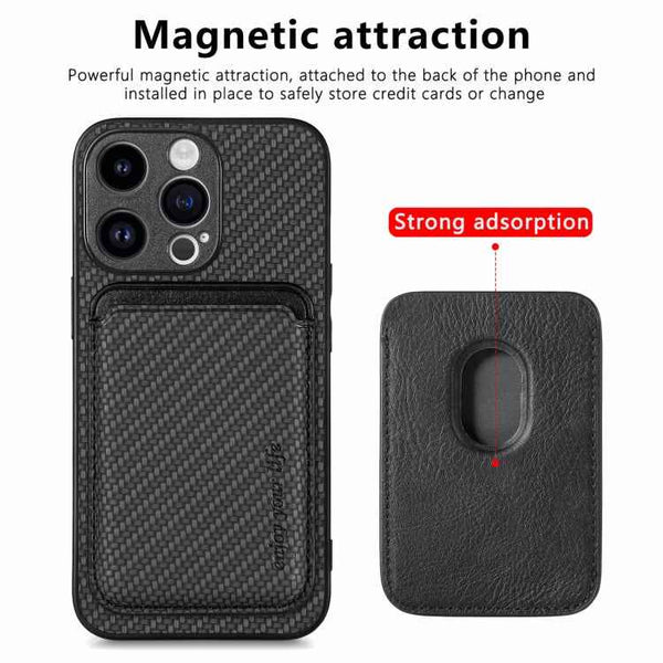 For iPhone 15 Pro Max Carbon Fiber Leather Card Magsafe Phone Case(Black)