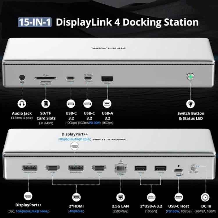 WAVLINK WL-UG75PD1-DH2 USB-C / Type-C Displaylink DL7400 Docking Station Support Quad Display
