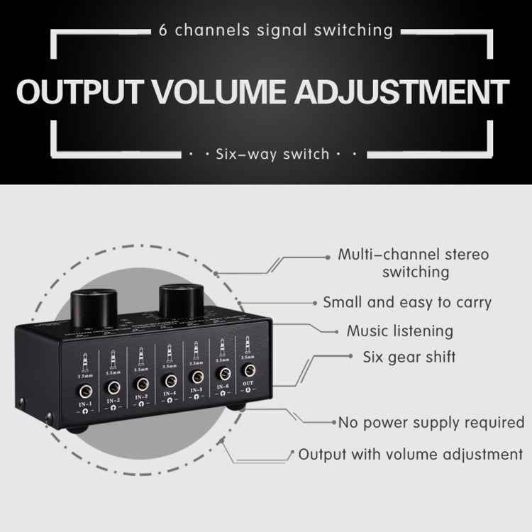 B017 6 Input 1 Output Audio Signal Selection Switcher Output Volume Adjustment Control 3.5mm Interface