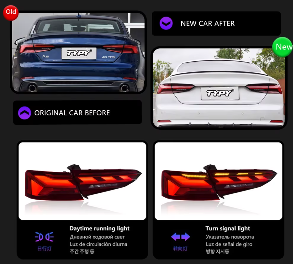 TYPY LED DRL Audi A5 Taillight 17-20 Upgrade S5 Style Lightbar Dynamic Sequential Rear Lights Tail Lamps LHD