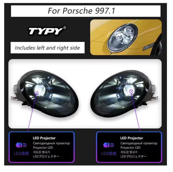 TYPY LED DRL Lightbar Projector Headlights Porsche 911 997 Headlight 997.1 997.2 Full LED Laser Matrix Headlamps Projector Front Lamp DRL Plug Play LHD / RHD