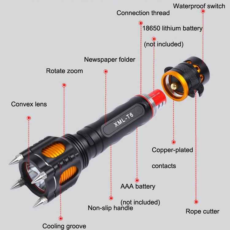 Outdoor LED T6 Strong Light Rechargeable Flashlight Car Safety Hammer Multi-Function Aelf-Defense Flashlight(Single Flashlight)