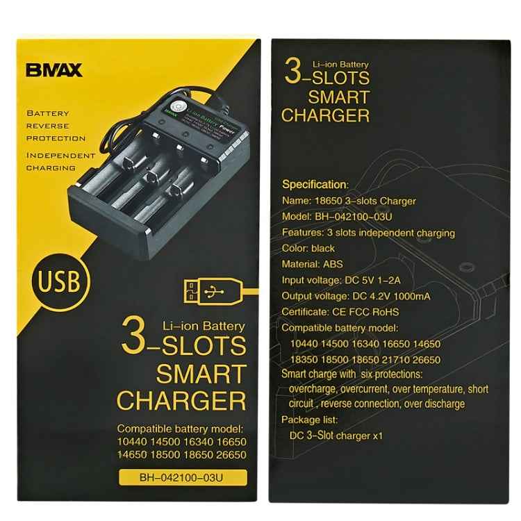 BMAX 18650 3 Slot USB Charging Seat 3.7/4.2V Independent Lithium Battery Charger