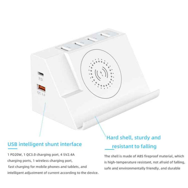 PD 20W +QC 3.0 Wireless Charging+6 Ports Multi-function Charger(EU Plug)