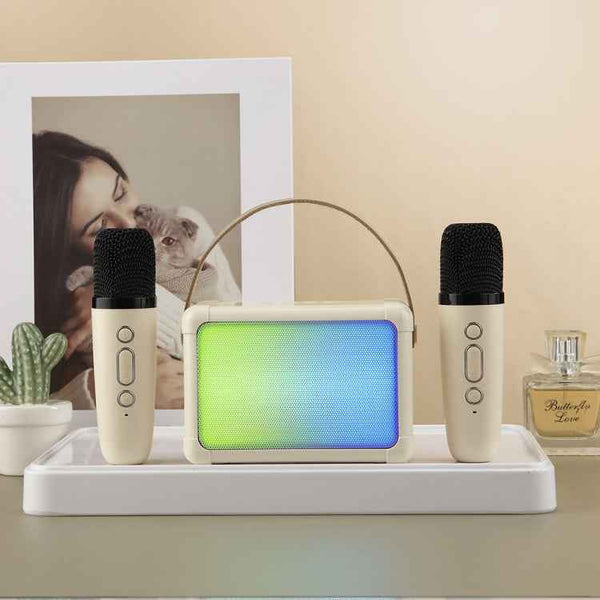 Portable RGB Lighting Effect Bluetooth Speaker Home Mini Karaoke Audio, Style: Dual Microphone+Speaker(Beige)