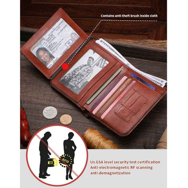 Bull Captain Men Wallet First-layer Cowhide Coin Clip RFID Retro Vertical ID Holder(Coffee)