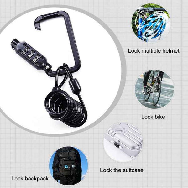 Universal Safety Code Wire Rope Helmet Lock for Motorcycles Bicycles, Black+Storage Bag