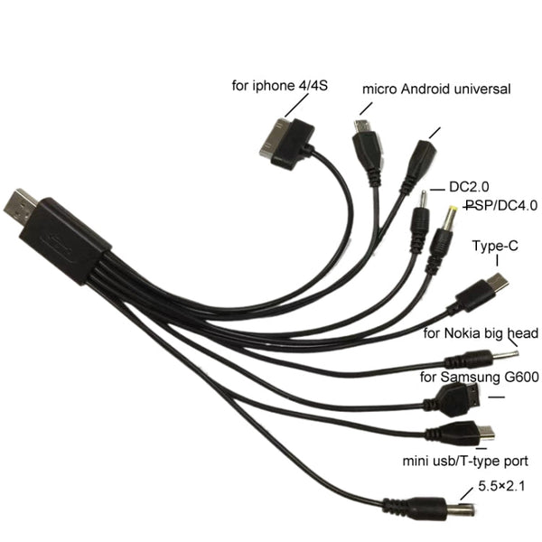 10 In 1 Multifunction USB Charging Cable For IPhone / PSP / Camera / Nokia / HTC / LG / Samsung