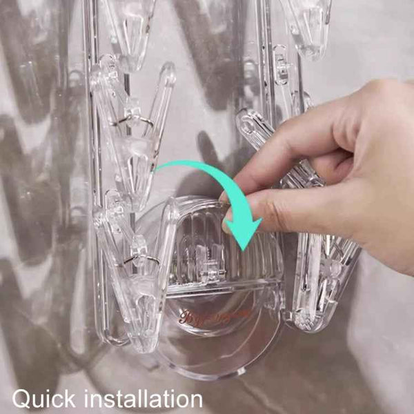 Suction Cup Clothes Rack Multi Clips Wall Mounted Indoor Outdoor Balcony Multifunctional Folding Clothes Hanger(Grey)