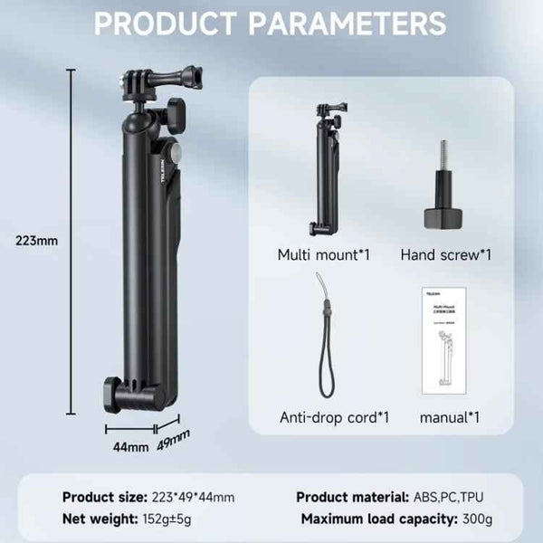 TELESIN Tri-folding Tripod For Sports Camera Mobile Phone Selfie Stand Desktop Fixed Bracket