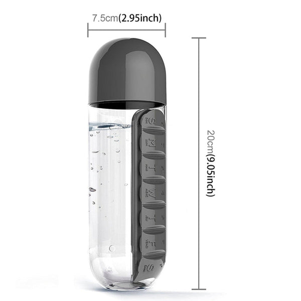 600ML Plastic Water Bottle with Daily Pill Box Organizer Drinking Bottles