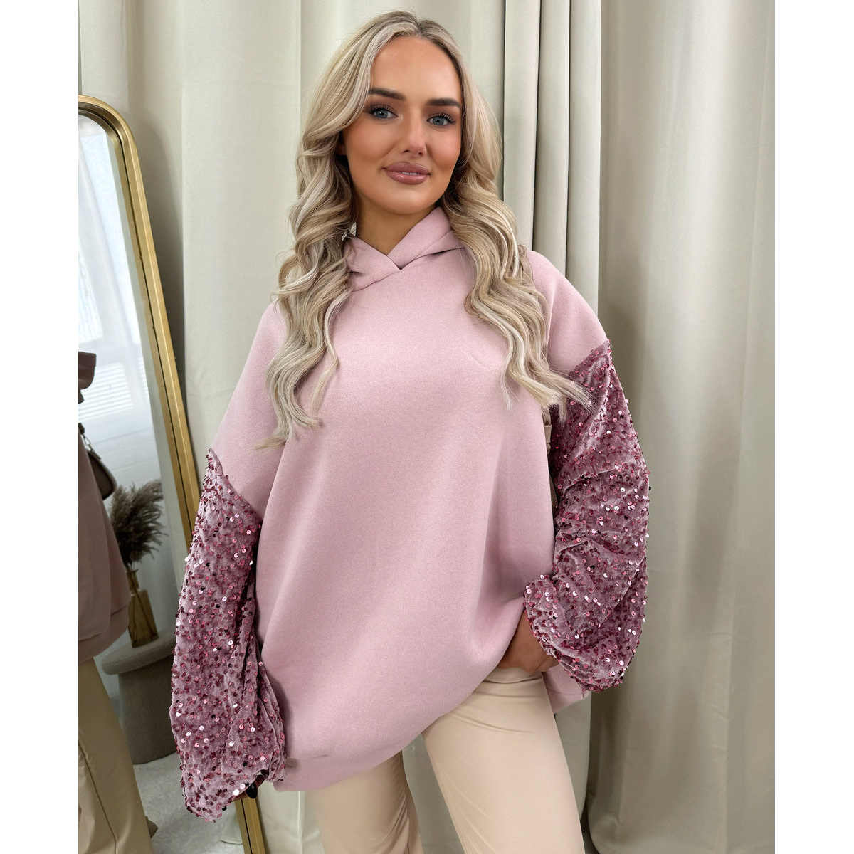Oversized Sequin Sleeve Knitted Hoodie Jumper