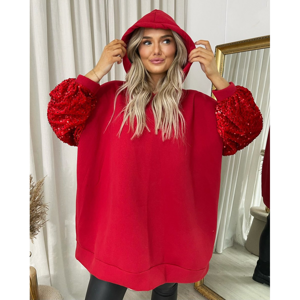 Oversized Sequin Sleeve Knitted Hoodie Jumper