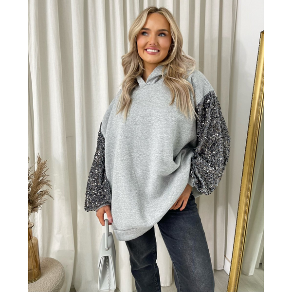 Oversized Sequin Sleeve Knitted Hoodie Jumper