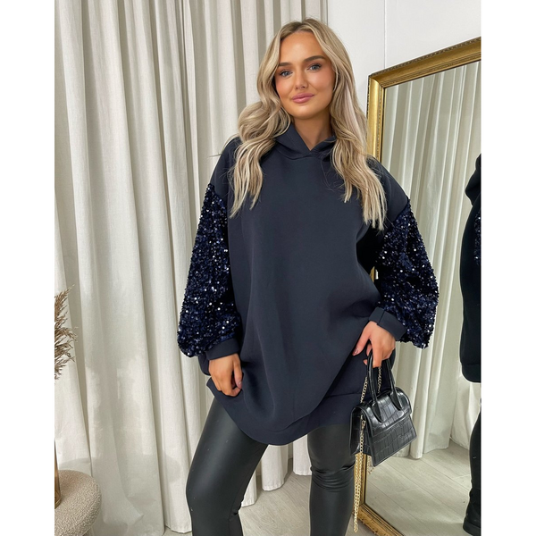 Oversized Sequin Sleeve Knitted Hoodie Jumper