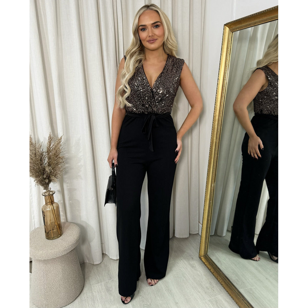 Elegant V-Neck Sequin Top Jumpsuit