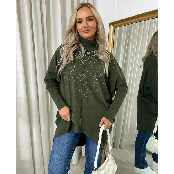Rhinestone Detail Oversized Knitted Jumper
