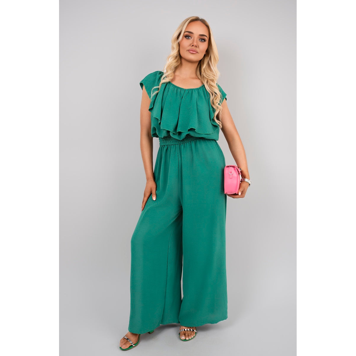 Off Shoulder Flared Wide Leg Jumpsuit with Ruffle Detail