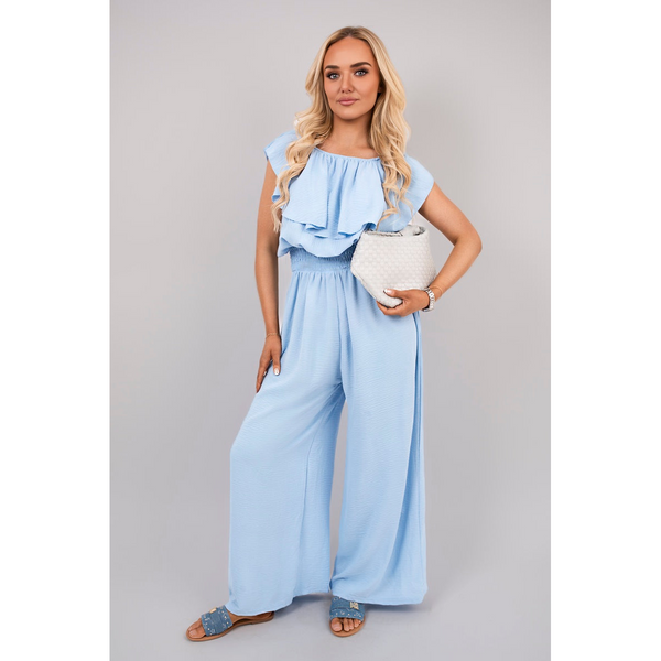 Off Shoulder Flared Wide Leg Jumpsuit with Ruffle Detail
