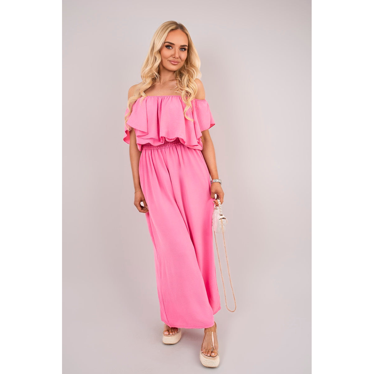 Off Shoulder Flared Wide Leg Jumpsuit with Ruffle Detail