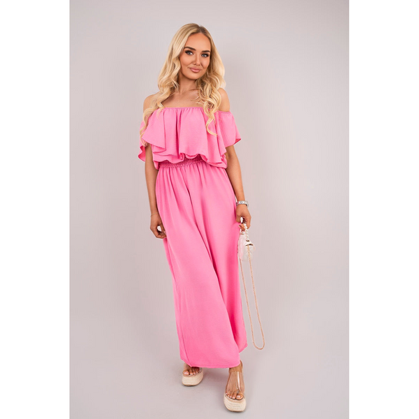 Off Shoulder Flared Wide Leg Jumpsuit with Ruffle Detail