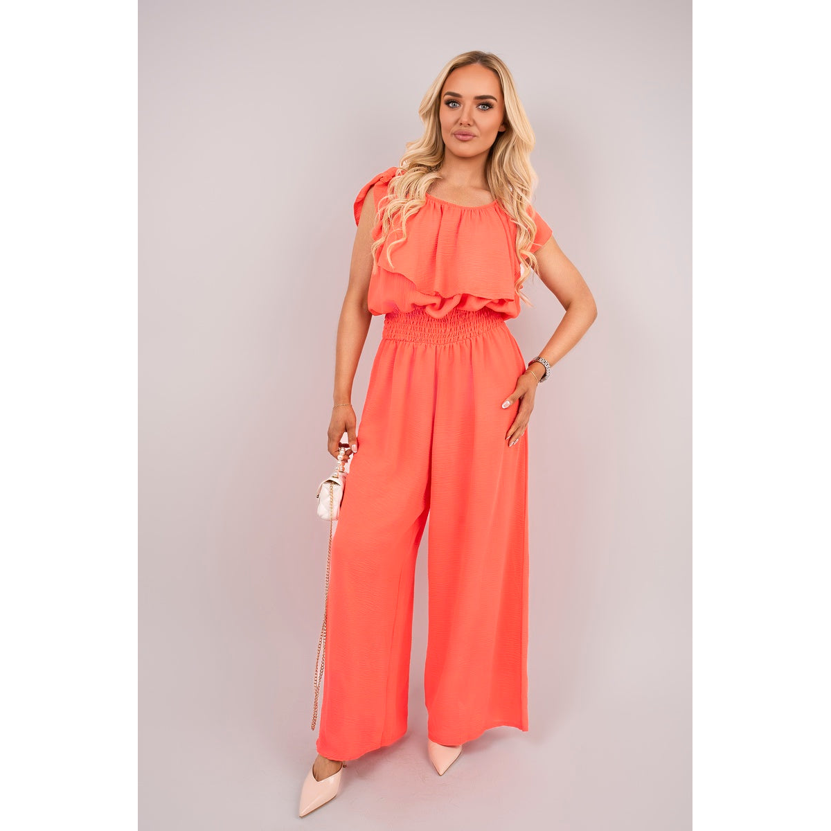 Off Shoulder Flared Wide Leg Jumpsuit with Ruffle Detail