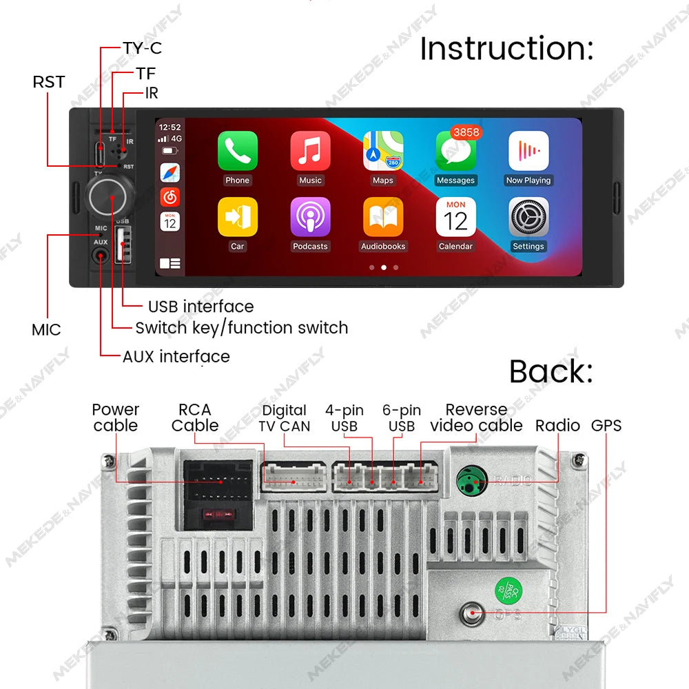 Navifly 2G+32G Universal 1 Din Android 6.86 Inch HD Touch Screen Wireless CarPlay Auto Car Radio Multimedia Video Player GPS FM