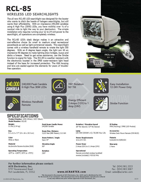 ACR RCL-85 White RC LED Searchlight 12-24V | 4Boats