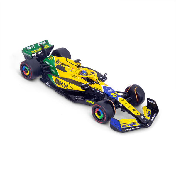 McLaren F1 Team MCL38 Senna Livery #81 F1 Monaco GP 2024 Oscar Piastri - 1:43 Scale Bburago Model Car (w/helmet)