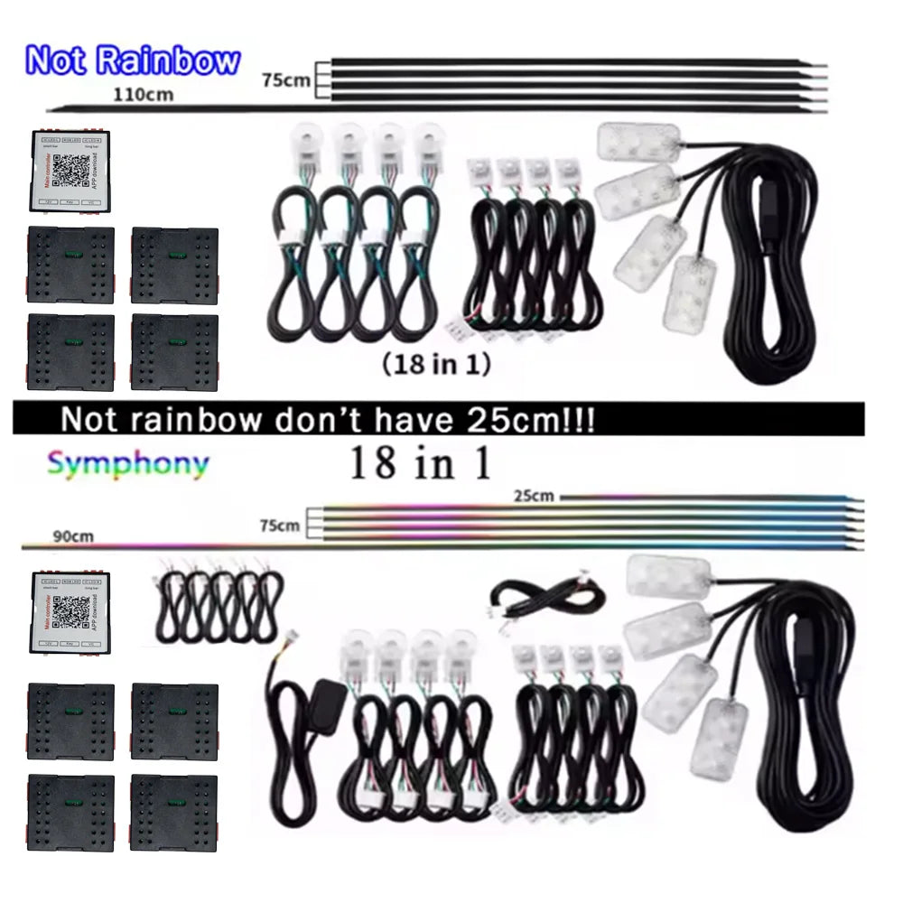 6/10/14/18 in 1 Led Car Ambient Lights RGB 213 64 Color Acrylic Strips Symphony Streamer Interior Rainbow Atmosphere Lamp Kit