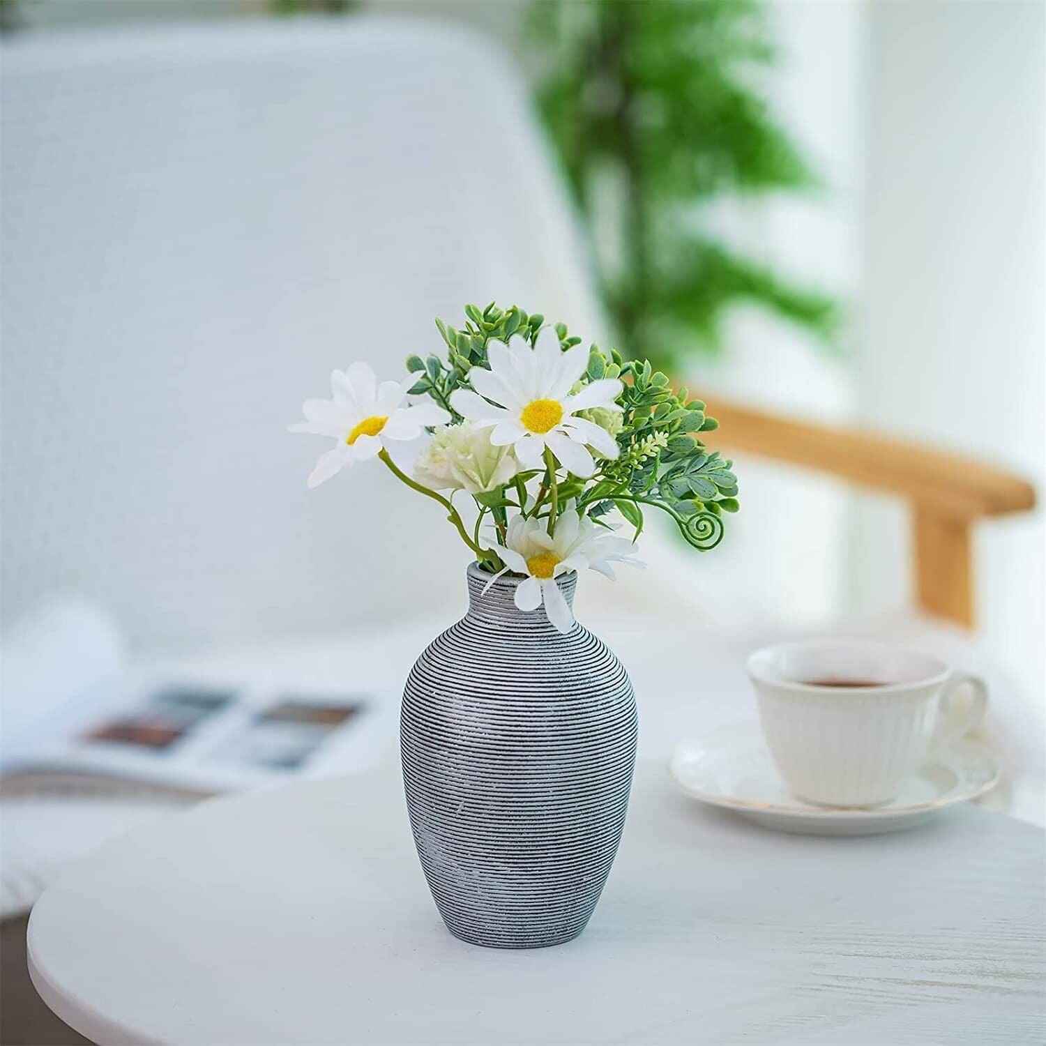 Vintage Silver Flower Vases Retro Striped Ceramic Home Decor Centerpiece