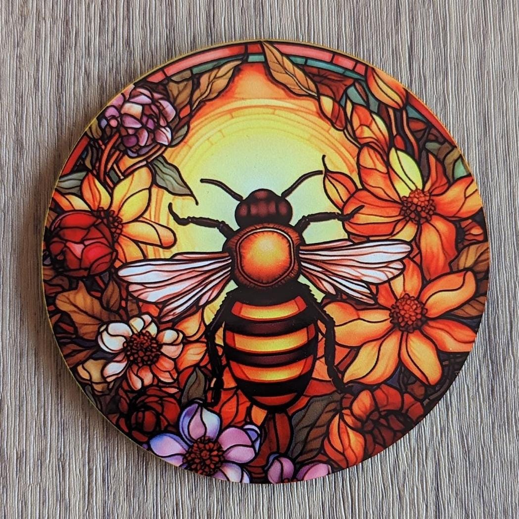 Worker Bee Stained Glass Effect Circular Drinks Coaster | Eco-Friendly Home Decor, Unique Gift, Handmade Artisan Craft