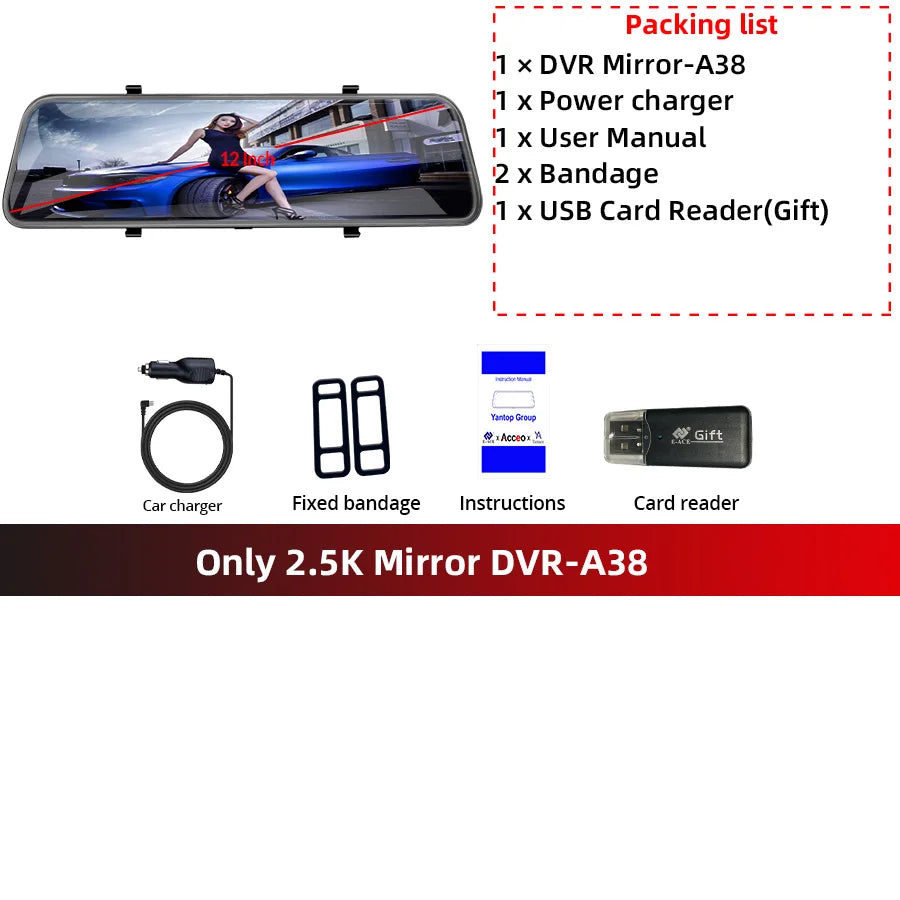ACCEO Dashcam 12 Inch Touch Screen Car Room Mirror Video Recorder Dash Cam For Cars DVR With Sony RearView Camera Car Black Box