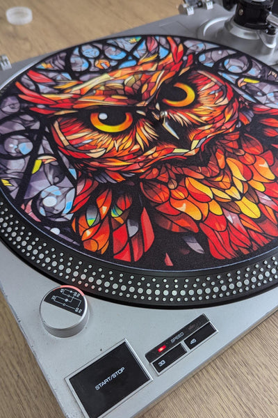 Stain Glass Wise Owl Slip mat - 7 & 12 inch LP Vinyl DJ Pro Turntable Slip Mat Record Player Technics 1210 DJ Turntablist