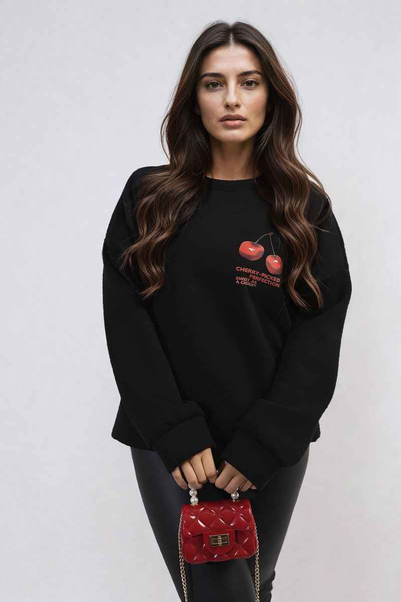 Cherry Printed Front and Back Design Oversized Knitted Jumper