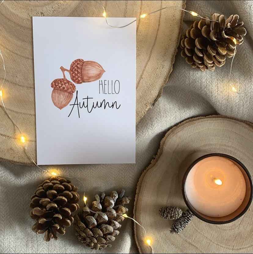 Hello Autumn Acorn New Autumn Seasonal Wall Home Decor Print