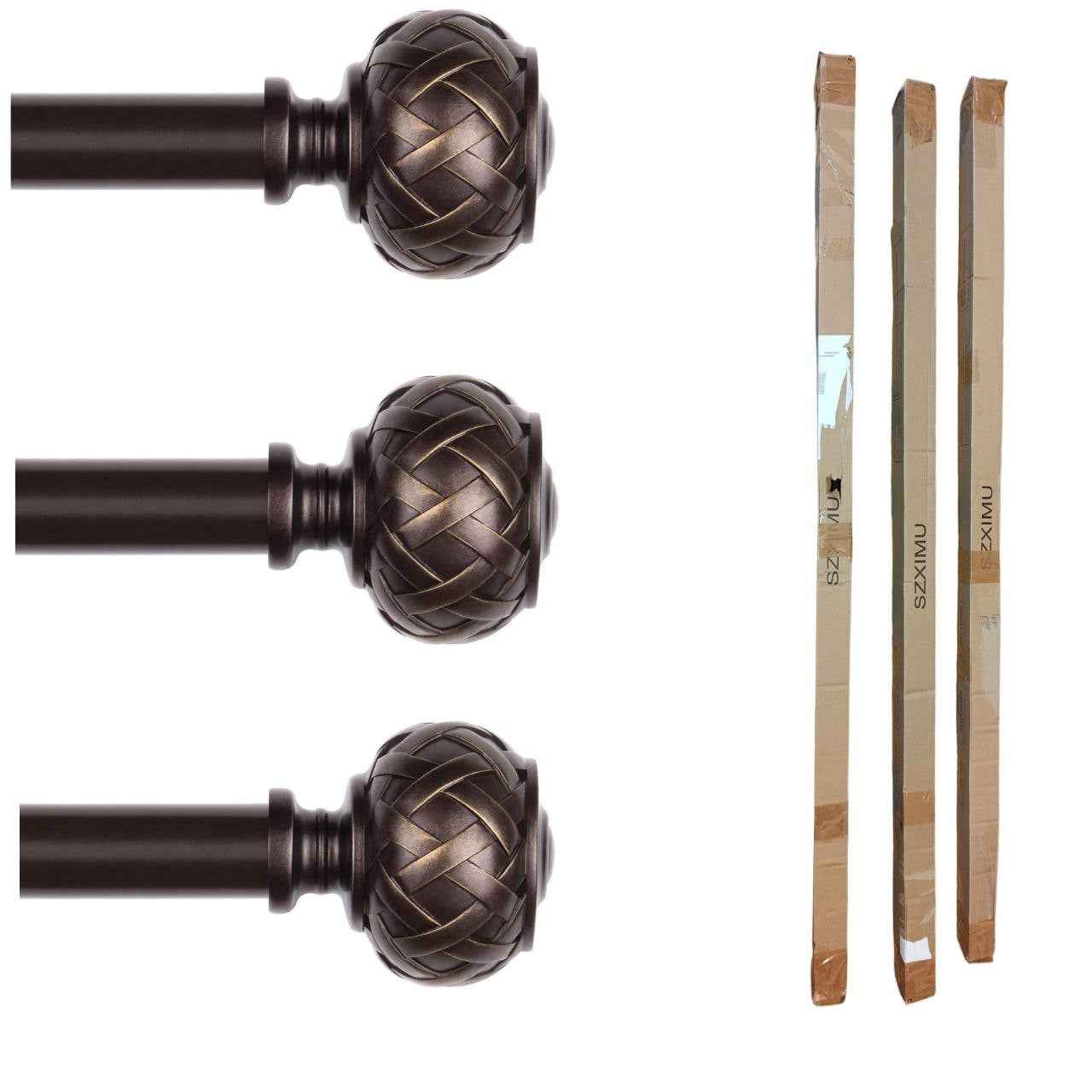 3pcs SZXIMU Curtain Pole 182-365cm (72-144''), Extendable, Netted Finials, Brown