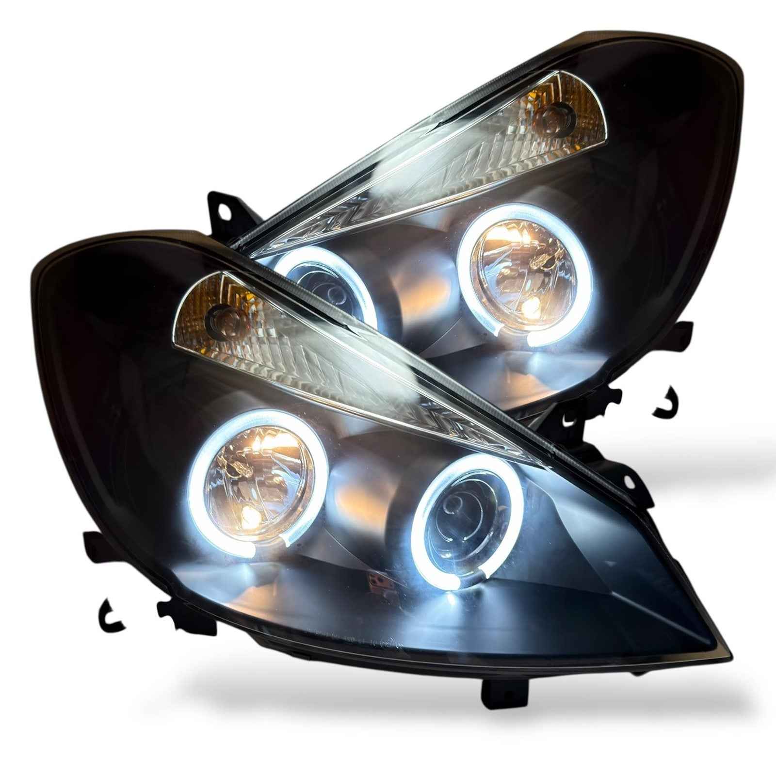 LHD Projector Headlights Pair LED Angel Eyes halo Black For Renault Clio 2005-09