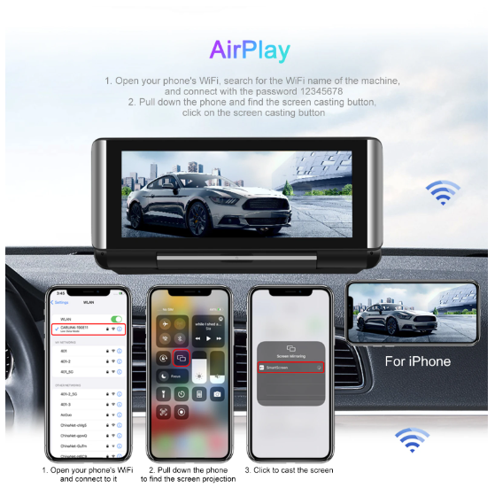 6.86 Inch 6.9" HD HD 1280x480 Touch Screen Universal Head Unit Stereo Mirror Camera for Car Mirror Video Rear-view Wireless iOS Carplay Front & Rear Camera Mirror DVR Black Box Colour Monitor 64G TF